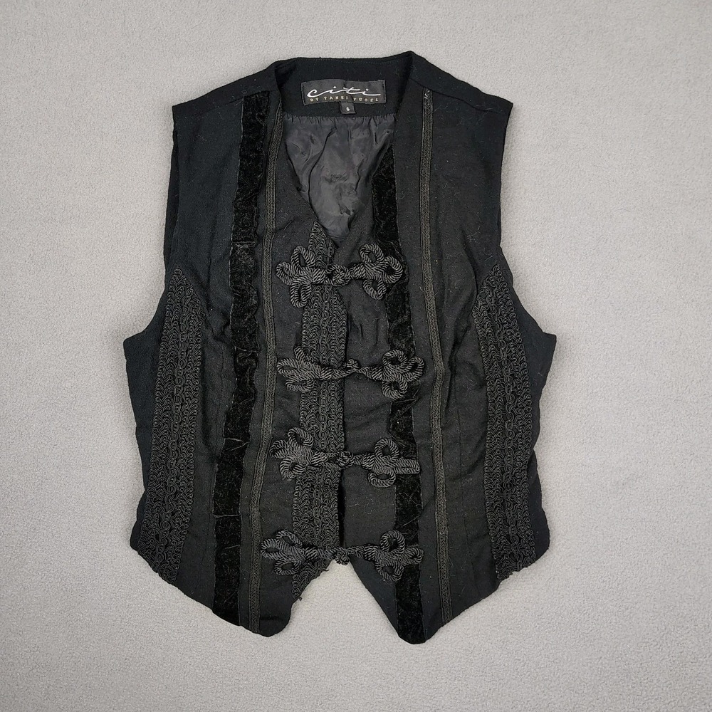 Vintage CITI Gothic Waistcoat Vest Size 6 Black Knot Fastened Wool Velvet Trim